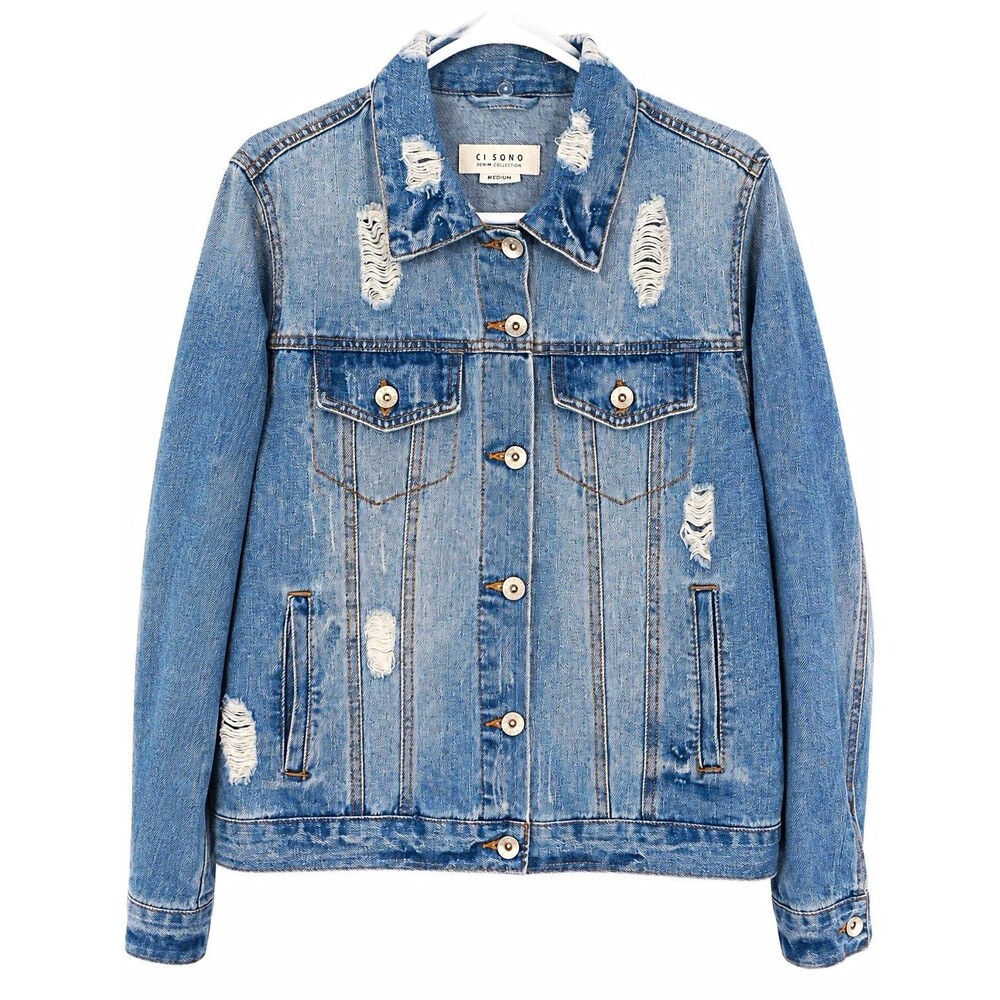 CI SONO Women's Blue Distressed Button Jacket w/ Pockets Short Size M